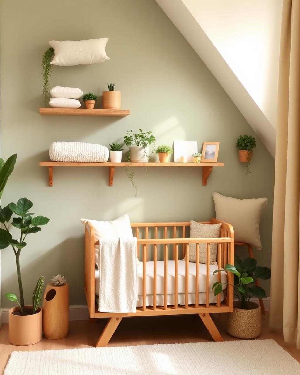 Wnętrze żłobka — drewniane półki, rośliny i naturalne materiały